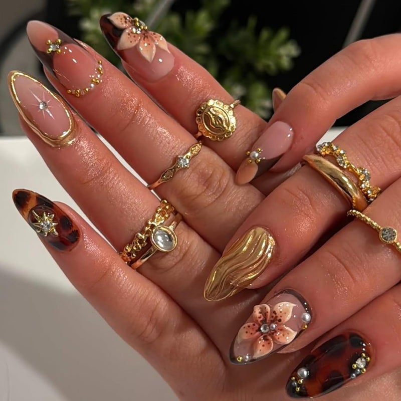 SEENEEY Medium Press on Nails Almond Brown Flowers Stick on Nail for Women 24pcs - Image 1